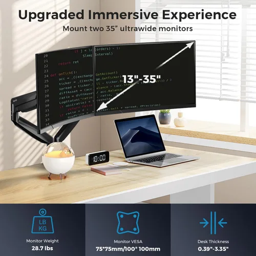 Vista 2 de Soporte de Monitor Curvo Brazo Dual para Monitor hasta Pantallas de 35", Máximo 28.6 libras Cada Una, Brazo de Monitor Ultra Ancho Resistente, Giro