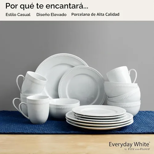 Vista 5 de Everyday White by Fitz and Floyd, juego de vajilla de 16 piezas con cuentas, servicio para 4
