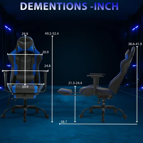 Vista 2 de Silla de juegos con reposapiés y soporte lumbar de masaje, silla reclinable de altura ajustable con respaldo alto para adultos, giratoria 360