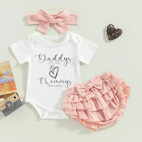 Vista 2 de Ropa para bebé niña Daddys Girls Ruffle Romper Top Manga Corta Body Floral Tutu Shorts Conjunto Recién Nacido Verano Traje