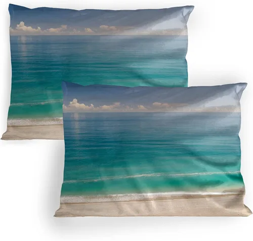 Vista 12 de Lunarable Ocean Pillow Sham Set of 2, Sunset at a Smooth Sandy Beach with Small Wave and Bubbles from The Sea, Quality Microfiber Bedding Item for