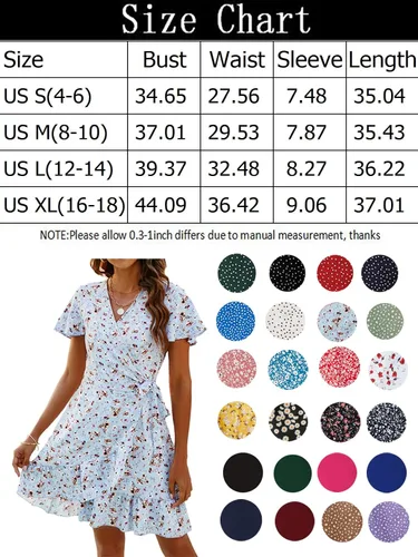 Vista 6 de Naggoo - Vestido de verano corto con diseño cruzado para mujer, vestido con cuello en V, estampado de lunares o floral, volantes, manga corta