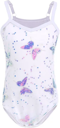 Vista 3 de AFAVOM Camisola de lentejuelas de mariposa para niñas, vestido de ballet con volantes, falda tutú con purpurina, leotardo, disfraz de bailarina