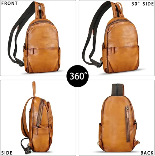 Vista 3 de Bolso de cuero genuino para hombres y mujeres, mochila grande tipo bandolera para iPad Pro de 12.9 pulgadas, Marrón, Mediana