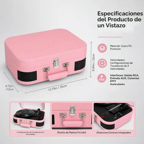 Vista 3 de Vintage Suitcase - Tocadiscos portátil Bluetooth de 3 velocidades con altavoces integrados, para discos de vinilo de 7/10/12 pulgadas (rosa)