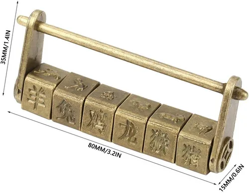 Vista 2 de Candado de combinación, bloqueo de código, cerradura de contraseña antigua, vintage, exquisitos personajes chinos, candado del zodiaco