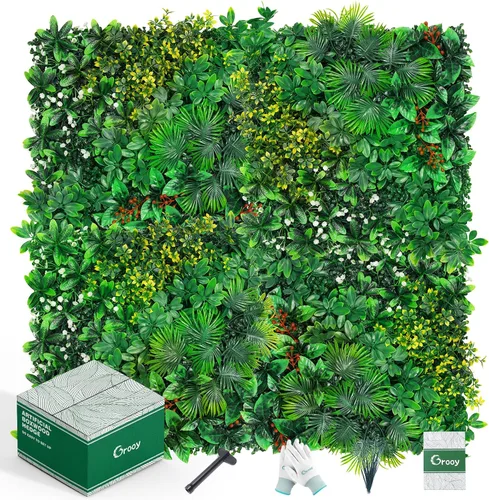 Vista 10 de Grooy Pared de césped artificial de seto de 20 x 20 pulgadas, 6 paneles de boj, paneles de fondo de vegetación, pantalla de valla de privacidad