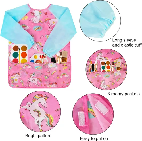 Vista 4 de Bassion Kids Art Smock Toddlers Painting Aprons Colorful Waterproof Children Artist Smock with Long Sleeve 3 Roomy Pockets