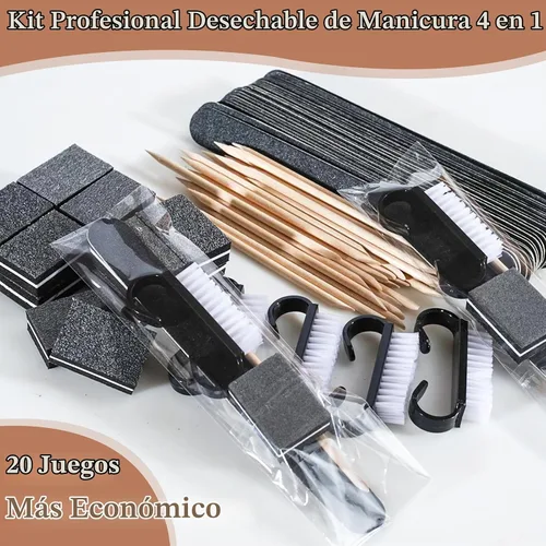 Vista 5 de 20 juegos de kit de manicura desechable básico de 4 piezas para viajes, cepillo de agarre, mini pulidor de uñas, lima de uñas y palo de madera