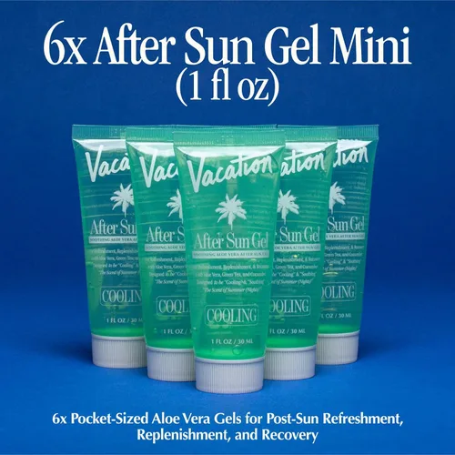 Vista 2 de VACATION Mini Gel After Sun, gel calmante de aloe vera de tamaño de viaje para aliviar quemaduras solares, hidratación y enfriamiento, cuidado