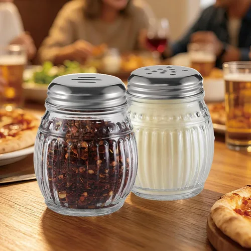 Vista 6 de Juego de 2 pompones de queso y pimentero, cocteleros de especias de vidrio de 6 onzas con parte superior perforada y ranurada (transparente)