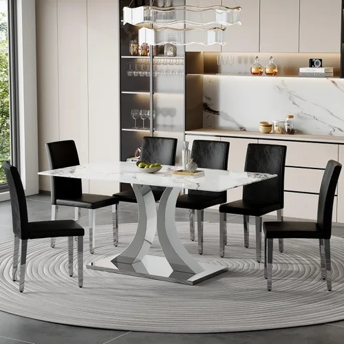 Vista 28 de Juego de mesa de comedor de mármol para 4, moderna mesa de oro blanco de 63 pulgadas con patas de marco de forma intercambiable y sillas de comedor