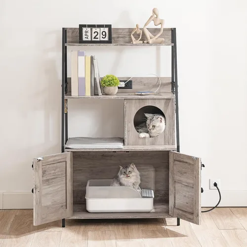 Vista 9 de HOOBRO Caja de arena con 2 estantes de almacenamiento, mueble alto para caja de arena oculto con estación de carga, mueble para caja de arena oculta