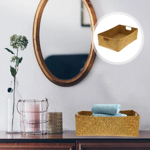 Vista 2 de DOITOOL Cestas tejidas para almacenamiento – Cestas de mimbre de pastos marinos con asa – Cestas de estante naturales cesta rectangular