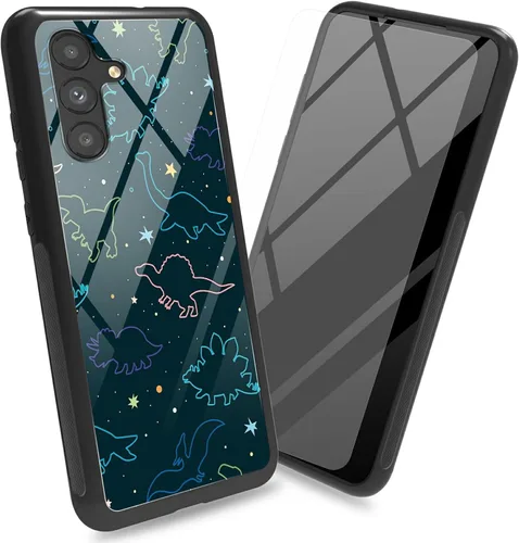 Vista 9 de Funda para Samsung Galaxy A13 5G con protector de pantalla, cubierta trasera de vidrio templado, diseño de flores de gato negro, marco de Flores