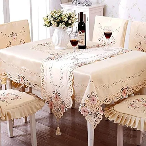 Vista 12 de LeLehome - Mantel de encaje bordado con flores cafés, color crema y beige, diseño clásico y tela que no se arruga para mesa de comedor