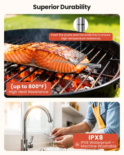 Vista 6 de UNERVER Termómetro inteligente inalámbrico Bluetooth para carne: precisión de ± 0.5 °F, 1 sonda con 6 sensores, termómetro digital WiFi con base
