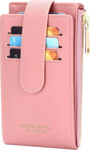 Vista 8 de OIDERY Cartera con tarjetero RFID para mujer, delgada, plegable, con cremallera, organizador de tarjetas, carteras con caja de regalo, Rosado