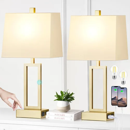 Vista 13 de Rinweey Juego de 2 lámparas de mesa de 23.5 pulgadas, modernas lámparas de noche negras con 2 puertos USB y salida de CA, lámparas de mesita