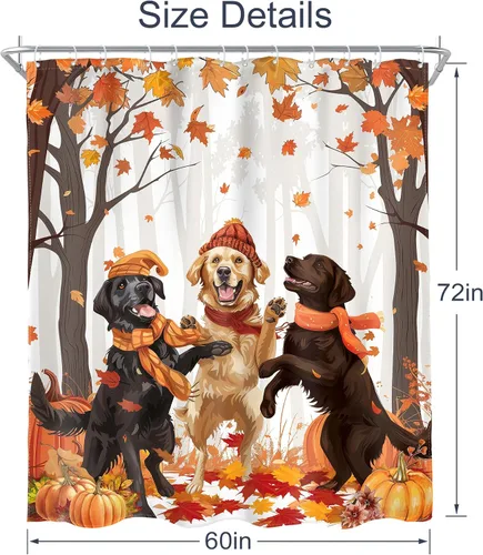 Vista 6 de AMBZEK Cortina de ducha de otoño para perro, 60 pulgadas de ancho x 72 pulgadas de largo, hojas de arce, calabaza, caricatura, cachorro, divertidos