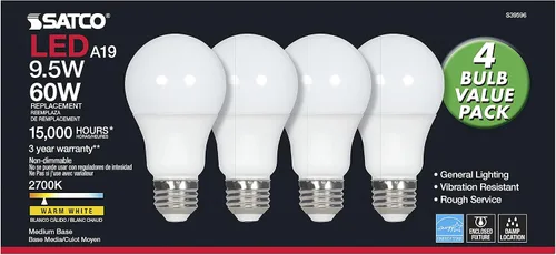 Vista 5 de Satco S39596 9.5A19/LED/827/ND/120V/4PK - Paquete de 4