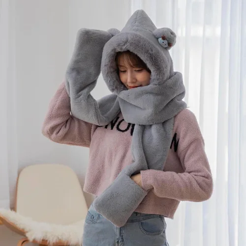Vista 3 de Conjunto de guantes de bufanda larga con capucha para mujer, diseño de gorro, gorro y bufanda larga, para invierno, regalos de Navidad para mujeres