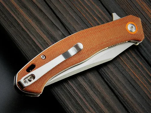 Vista 6 de Sitivien ST112 Cuchillo plegable, hoja D2 y mango de micarta, cuchillo herramienta EDC con clip de bolsillo para camping al aire libre, senderismo