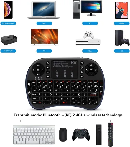 Vista 2 de Rii Mini teclado inalámbrico Bluetooth con panel táctil, compatible con Bluetooth + (RF) 2.4GHz conexión inalámbrica para teléfonos inteligentes