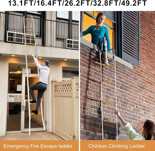 Vista 6 de Escalera de cuerda, escalera de escape de incendios de emergencia de 9.8 pies, escalera de seguridad resistente a las llamas con ganchos, rápida