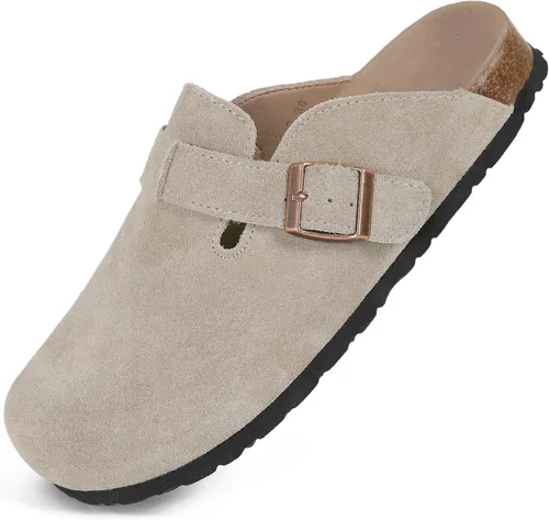 Vista 13 de Dumalum - Zuecos de ante para mujer y hombre - Sandalias ajustables con hebilla, plantilla de corcho, suelas antideslizantes - Zapatillas unisex