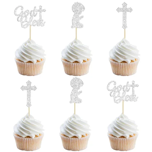 Vista 11 de Gyufise 24 piezas de decoración de cupcakes con purpurina azul que Dios bendiga y cruz, decoración de pastel para baby shower, bautismo, fiesta
