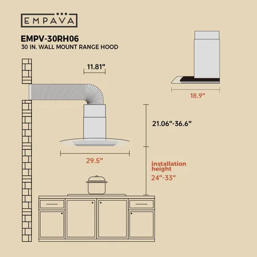 Vista 9 de Empava Campana extractora de montaje en pared de 30 pulgadas, ventilación de escape de estufa de cocina con conductos/sin conductos