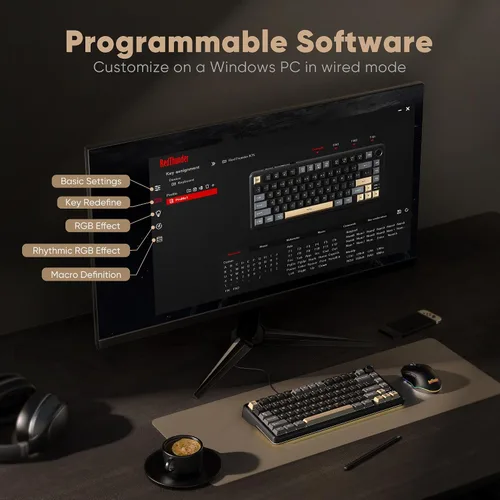 Vista 9 de RedThunder Teclado Mecánico Inalámbrico K75, Perilla CNC, Tri-Modo BT5.0/2.4GHz/USB-C Intercambiable en Caliente Personalizable, Interruptores
