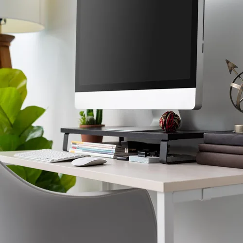 Vista 6 de IRIS USA Soporte organizador de monitor de PC moderno multiusos de 1 nivel con patas de metal, elevador ergonómico de escritorio y encimera