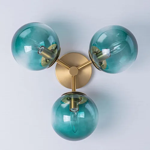 Vista 5 de Candelabros Sputnik dorados con globo de vidrio azul, lámpara de techo empotrada con 3 luces de acento de flor de mediados de siglo, candelabros