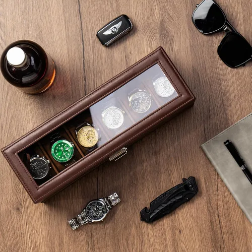 Vista 3 de ProCase Caja para reloj, caja de exhibición de 6 ranuras con cajón, caja de reloj para hombre con tapa de vidrio, organizador de almacenamiento