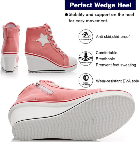Vista 5 de Mei MACLEOD Zapatos de lona de moda con tacón de cuña, zapatos casuales con cordones para mujer, zapatos de tacón alto de 3 pulgadas