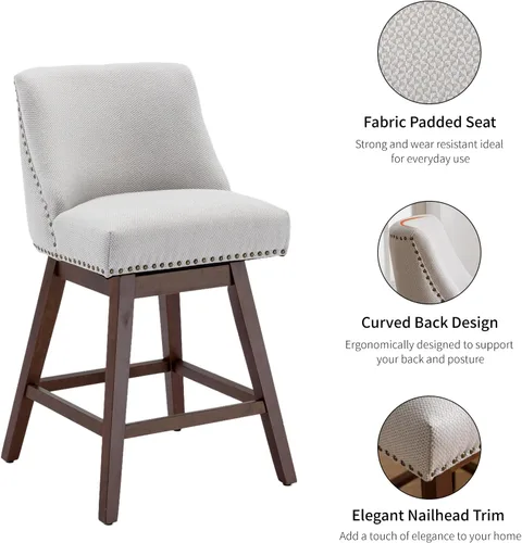 Vista 5 de Juego de 2 taburetes de bar giratorios modernos, taburetes de bar de 26.6 pulgadas de altura de mostrador beige con respaldo para isla de cocina