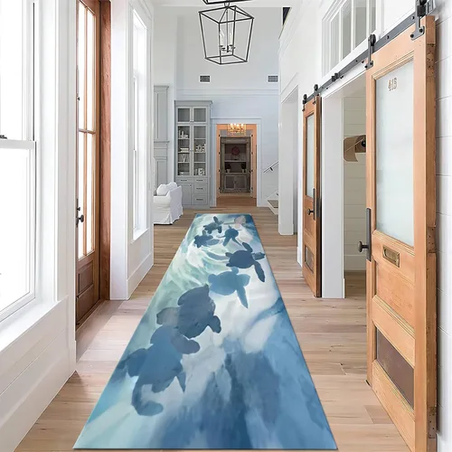 Vista 2 de Alfombra de pasillo larga con diseño de tortuga de acuarela, 2 x 6 pies, alfombra de camino de tortuga azul agua de mar para pasillos, alfombra