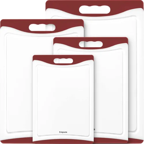 Vista 9 de Tablas de cortar extra grandes, de plástico para cocina (juego de 4) Tabla de cortar para lavavajillas con ranuras para jugos, asas de fácil agarre