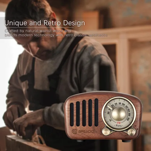 Vista 8 de Greadio Vintage - Altavoz Bluetooth de madera de nogal + radio FM retro con estilo clásico antiguo