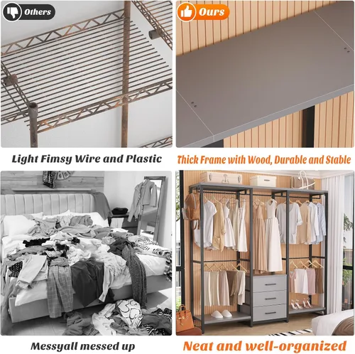 Vista 7 de Aheaplus Perchero de ropa resistente para colgar ropa, estante de ropa con cajones, estante de madera para armario independiente, organizador de Gris