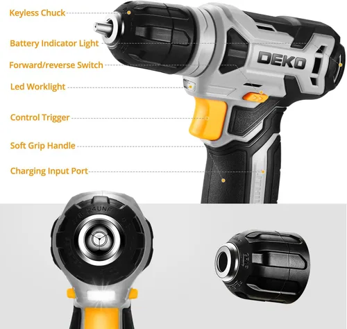 Vista 2 de Taladro inalámbrico DEKOPRO de 8 V, juego de taladro con mandril sin llave de 3/8 pulgadas, 42 piezas de accesorios, LED incorporado, cable de carga