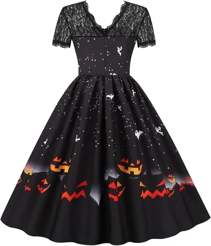 Vista 4 de Vestido de Halloween para mujer 2022 con cuello en V y manga corta con cremallera y panel de encaje