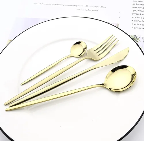 Vista 2 de Juego de cubiertos de acero inoxidable 18/0 con espejo, 24 piezas, incluye cuchillo, tenedor, cuchara, cucharadita, cubiertos para el hogar, Dorado