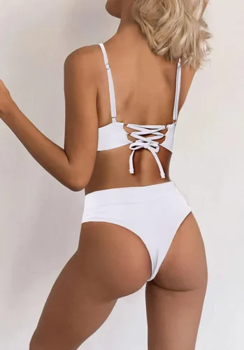 Vista 2 de fatty tiger Conjunto de bikini de cintura alta para mujer, brasier sexy con cordones en la espalda, parte superior triangular, cuello en V profundo