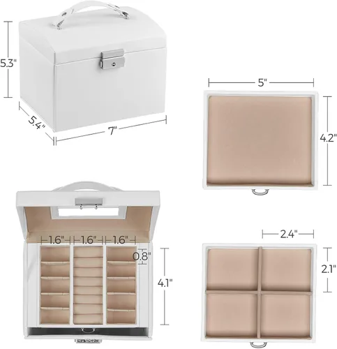 Vista 6 de SONGMICS Joyero de 3 niveles joyero de viaje con asa 2 cajones organizador de joyas con cerradura con espejo almacenamiento de joyas estilo moderno