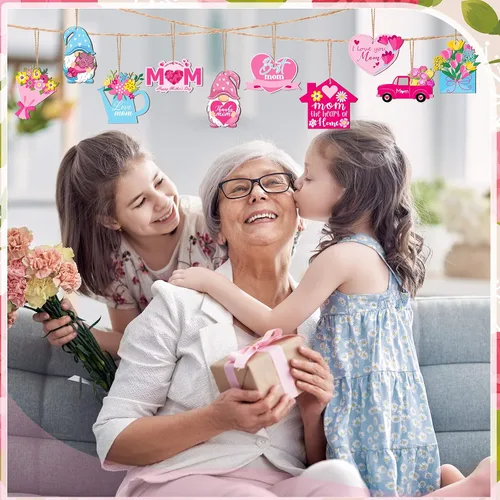 Vista 4 de Patelai 36 Piezas Adornos del Día de la Madre para Árbol Gnomo Rosa Floral Flores Mejor Mamá Amo a Mamá Letrero de Madera Decoraciones de Árbol