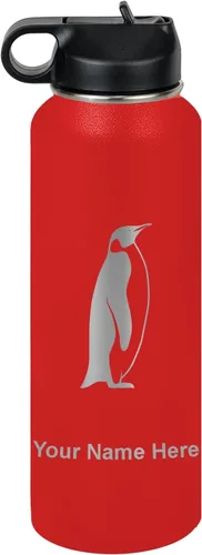 Vista 8 de LaserGram Botella de agua personalizada, pingüino, acero inoxidable de doble pared aislada al vacío con popote superior, regalo grabado