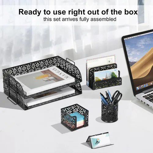 Vista 4 de EasyPAG Set organizador de escritorio 5 en 1 – Incluye 2 Charolas tamaño papel Carta, Clasificador de cartas, soporte de bolígrafos, recipiente